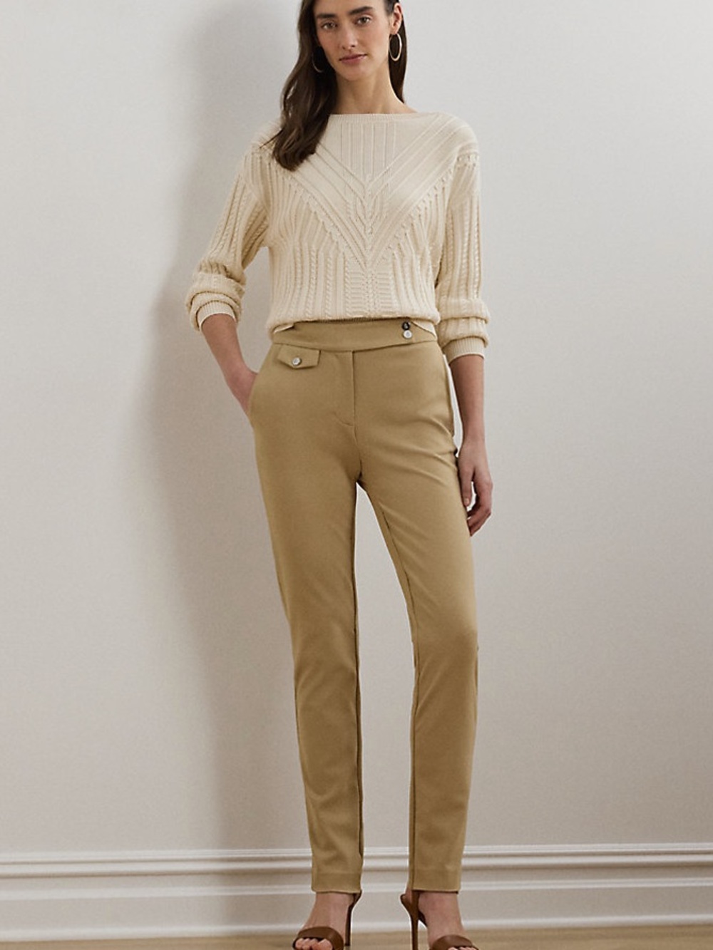 NWT Lauren Ralph Lauren Women's Beige Ponte High-Rise Straight Ankle Pants Pocke